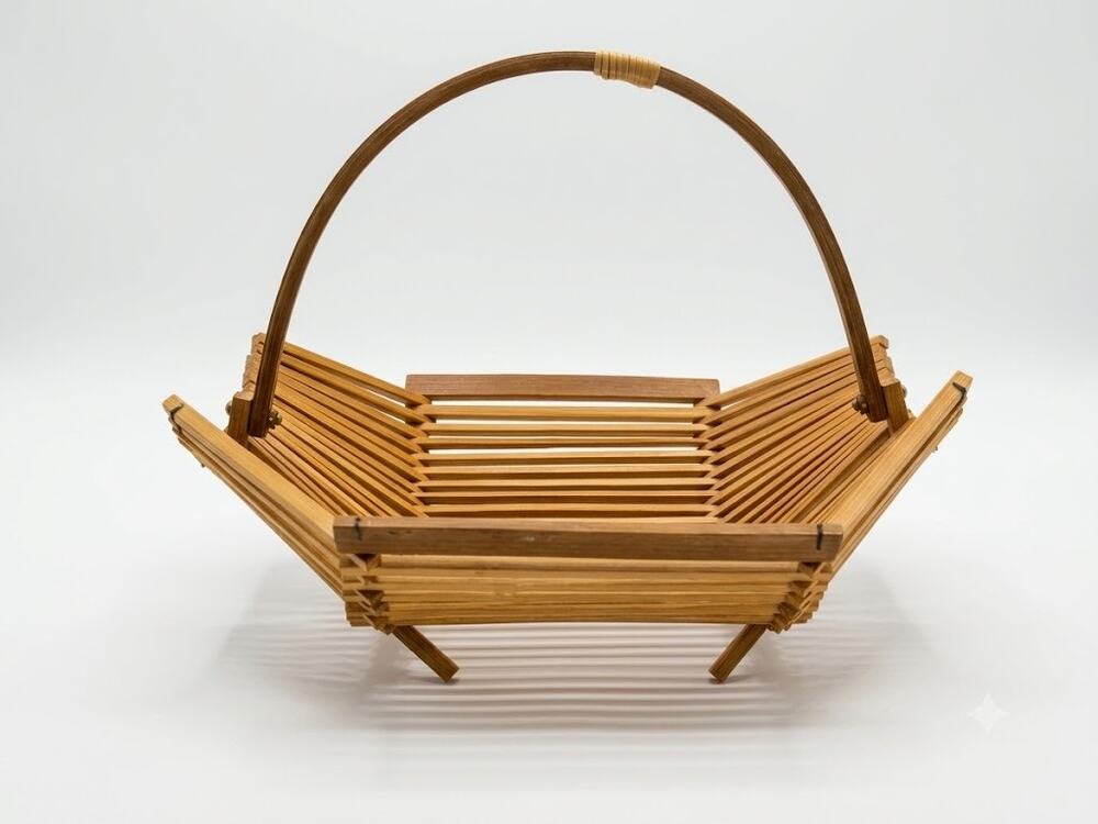 Vintage Bamboo Slat Fruit Basket with Handle | Mid-Century Woven Wood Bowl